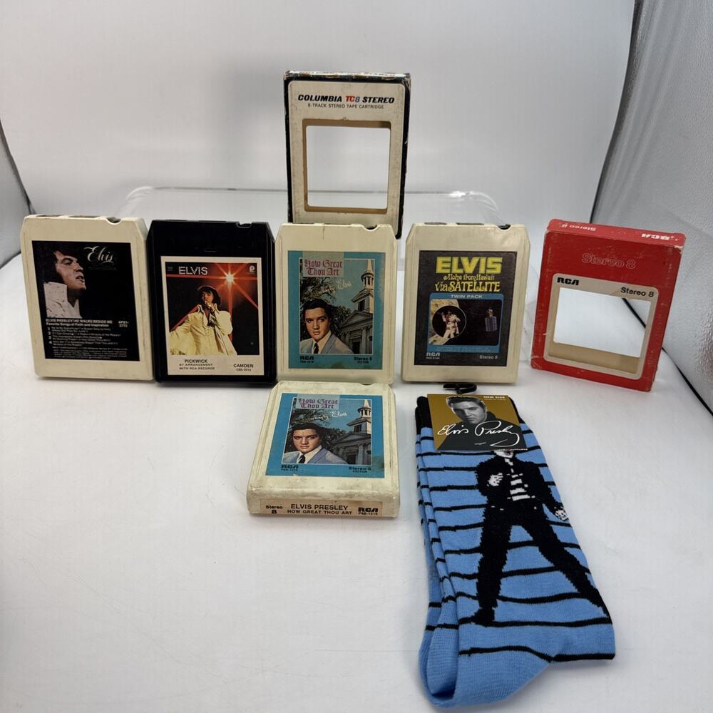Lot of 5 Vintage Elvis Presley Stereo 8-Track Cassette Tapes (2 Dups) + Socks